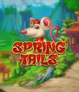 An enchanting illustration of a mouse wearing a red traditional Chinese outfit standing in a picturesque landscape with mountains. The image is for the Spring Tails game by Betsoft, showcased with bold red and gold logo lettering.